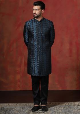 Navy Blue Printed Cotton Blend Sherwani Pyjama Set For Men