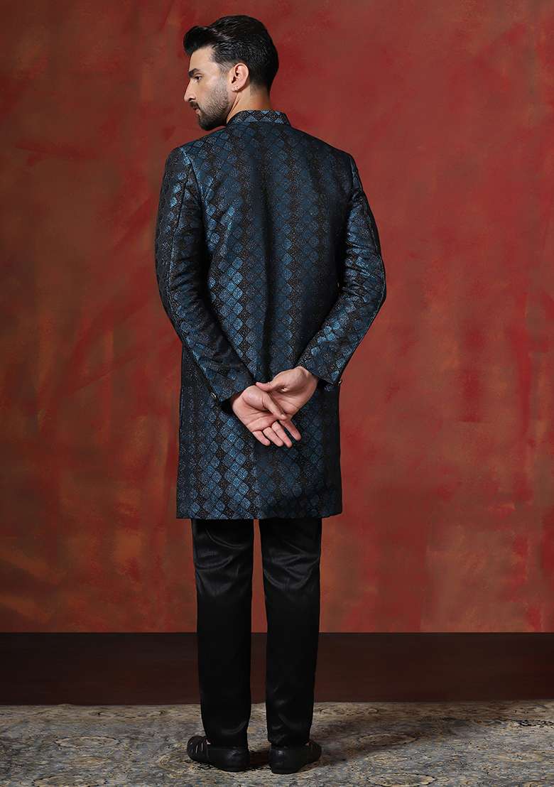 Navy Blue Printed Cotton Blend Sherwani Pyjama Set For Men - Indya