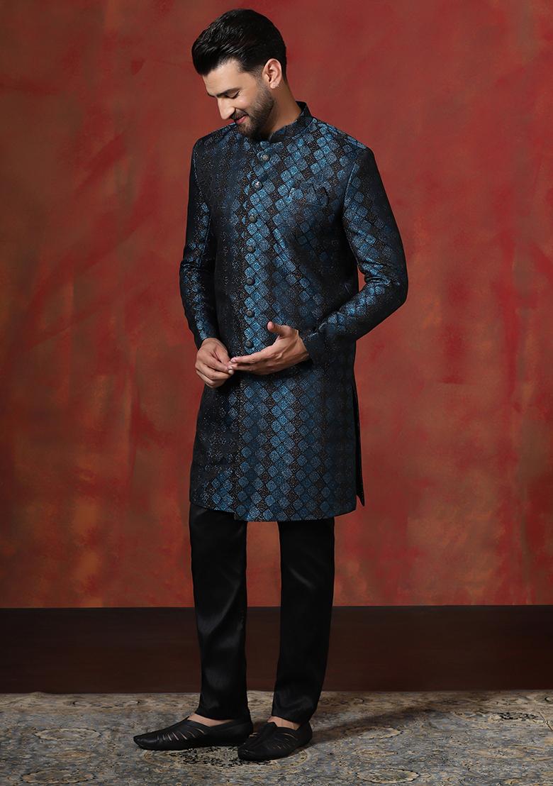 Navy Blue Printed Cotton Blend Sherwani Pyjama Set For Men - Indya
