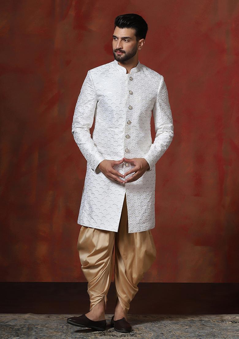White Embroidery Cotton Blend Sherwani Dhoti Set For Men
