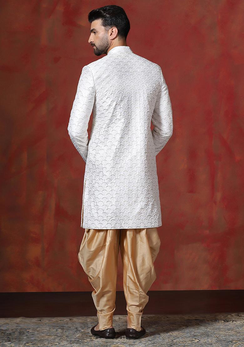 White Embroidery Cotton Blend Sherwani Dhoti Set For Men