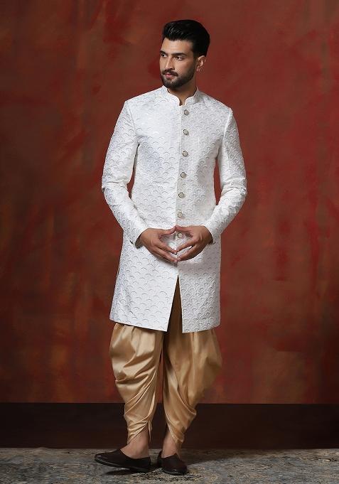 White Embroidery Cotton Blend Sherwani Dhoti Set For Men