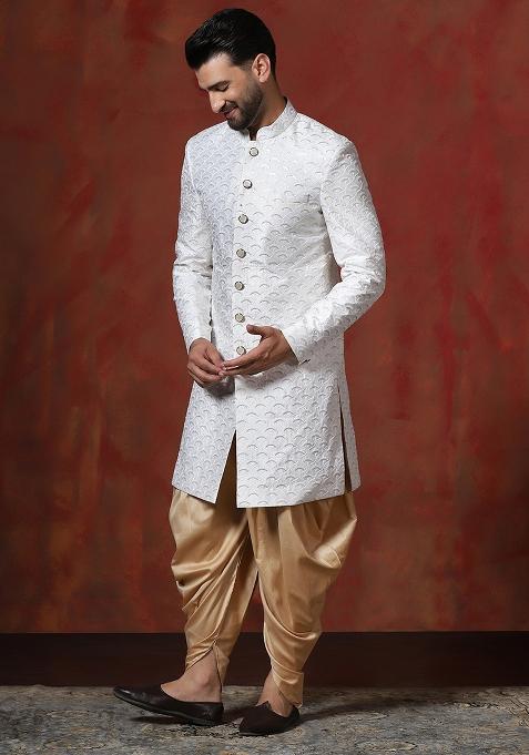 White Embroidery Cotton Blend Sherwani Dhoti Set For Men