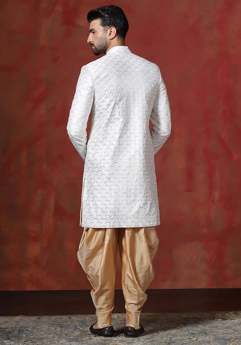 White Embroidery Cotton Blend Sherwani Dhoti Set For Men