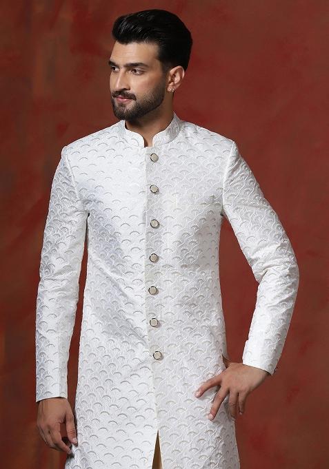 White Embroidery Cotton Blend Sherwani Dhoti Set For Men