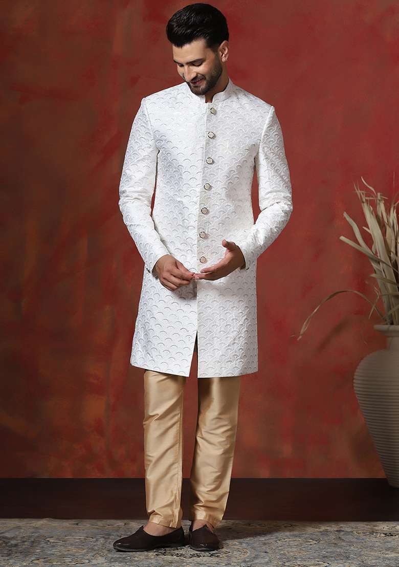 White Embroidery Cotton Blend Sherwani Pyjama Set For Men - Indya