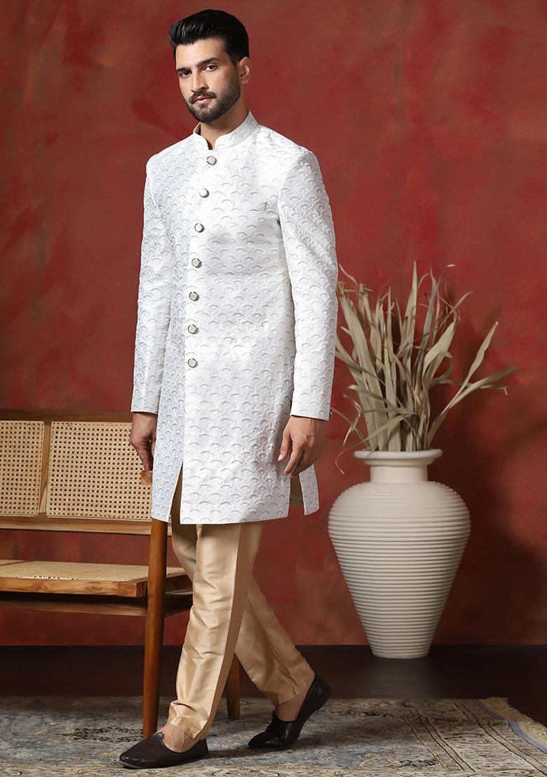 White Embroidery Cotton Blend Sherwani Pyjama Set For Men - Indya