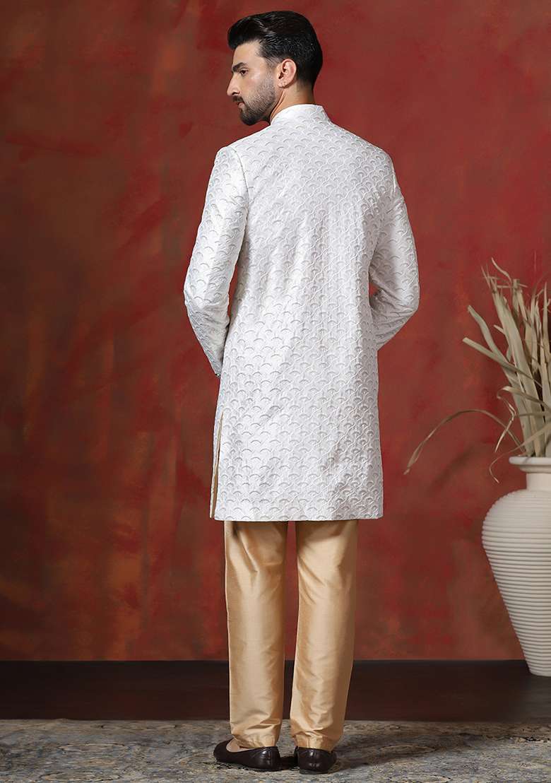 White Embroidery Cotton Blend Sherwani Pyjama Set For Men - Indya
