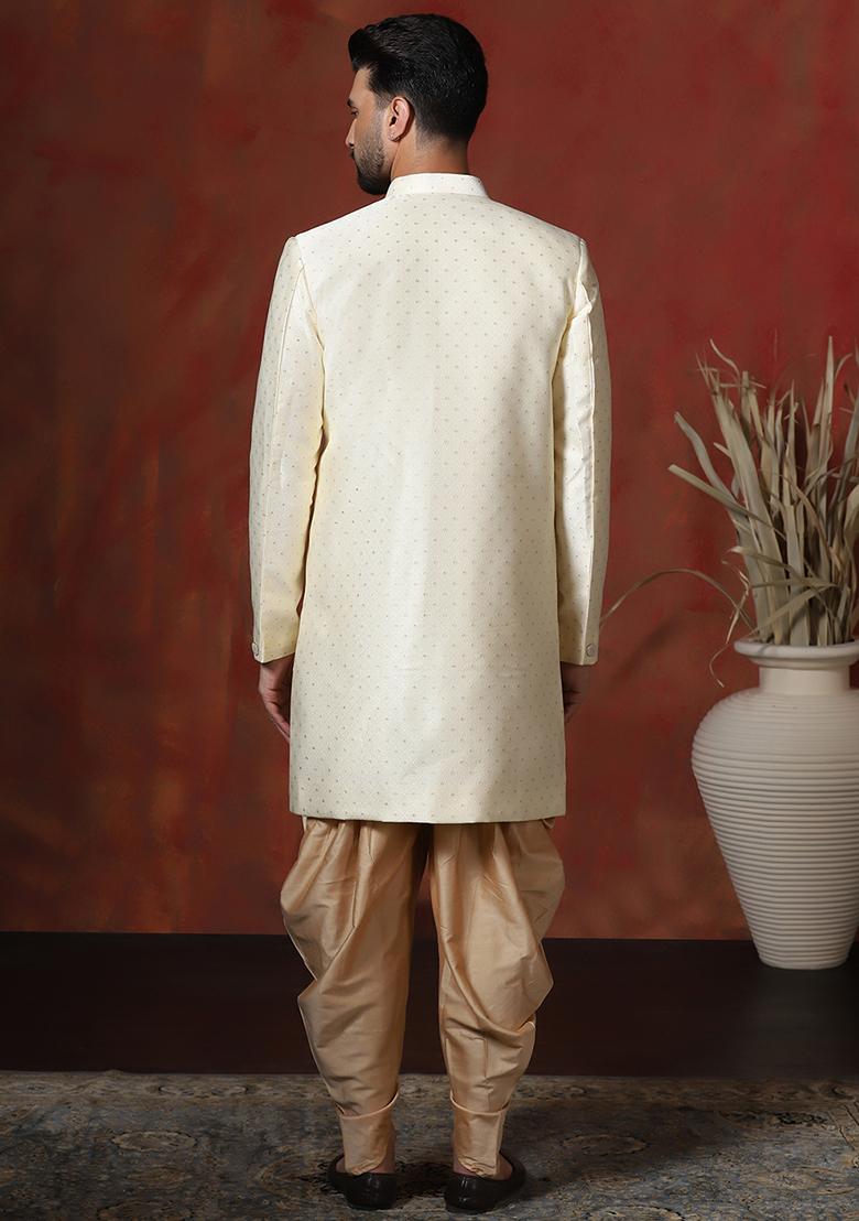 Cream Printed Cotton Blend Sherwani Dhoti Set For Men