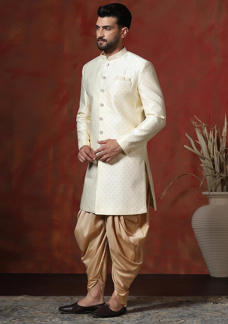 Cream Printed Cotton Blend Sherwani Dhoti Set For Men - Indya