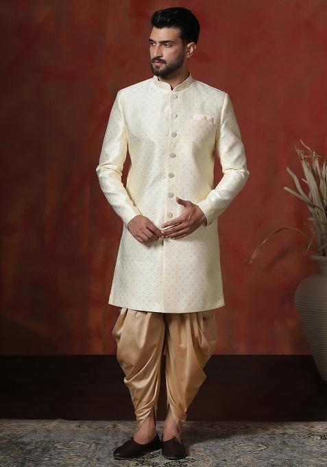 Cream Printed Cotton Blend Sherwani Dhoti Set For Men