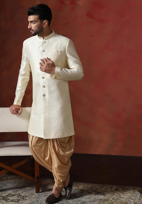 Cream Printed Cotton Blend Sherwani Dhoti Set For Men