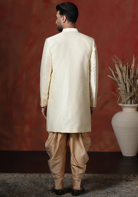 Cream Printed Cotton Blend Sherwani Dhoti Set For Men