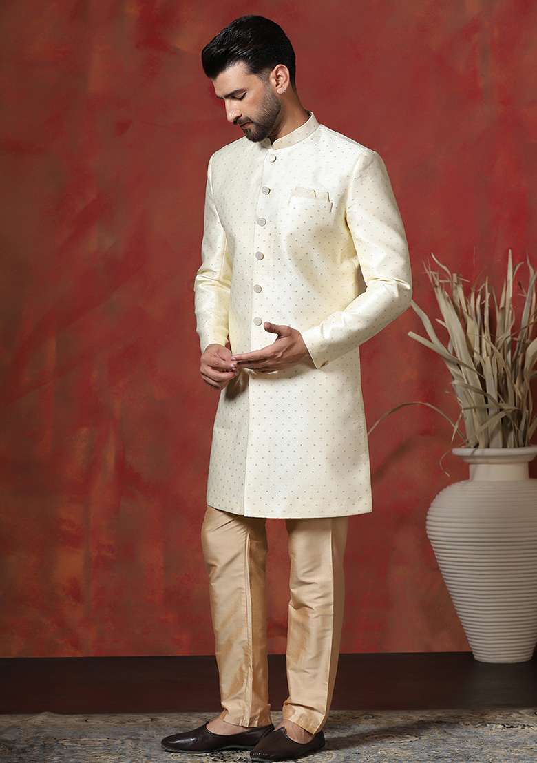 Brown Printed Cotton Blend Sherwani Pyjama Set For Men - Indya