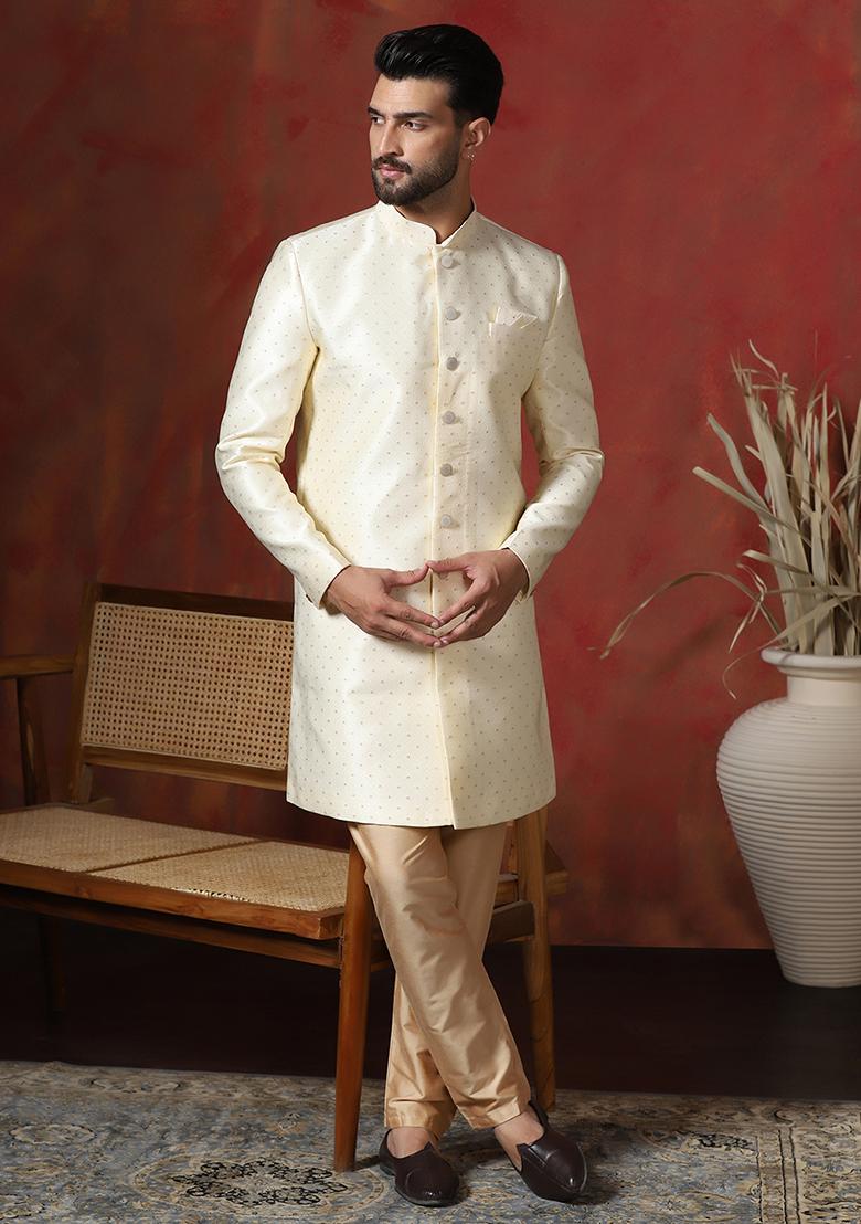 Brown Printed Cotton Blend Sherwani Pyjama Set For Men - Indya