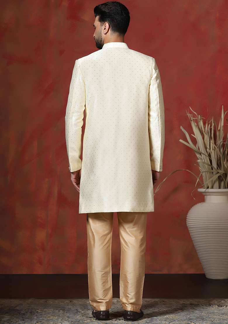 Brown Printed Cotton Blend Sherwani Pyjama Set For Men - Indya
