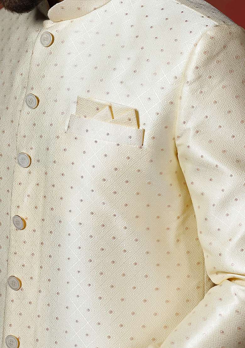 Brown Printed Cotton Blend Sherwani Pyjama Set For Men - Indya