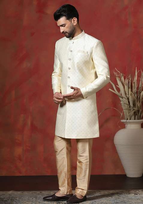 Brown Printed Cotton Blend Sherwani Pyjama Set For Men