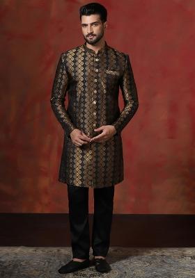 Brown Printed Cotton Blend Sherwani Pyjama Set For Men