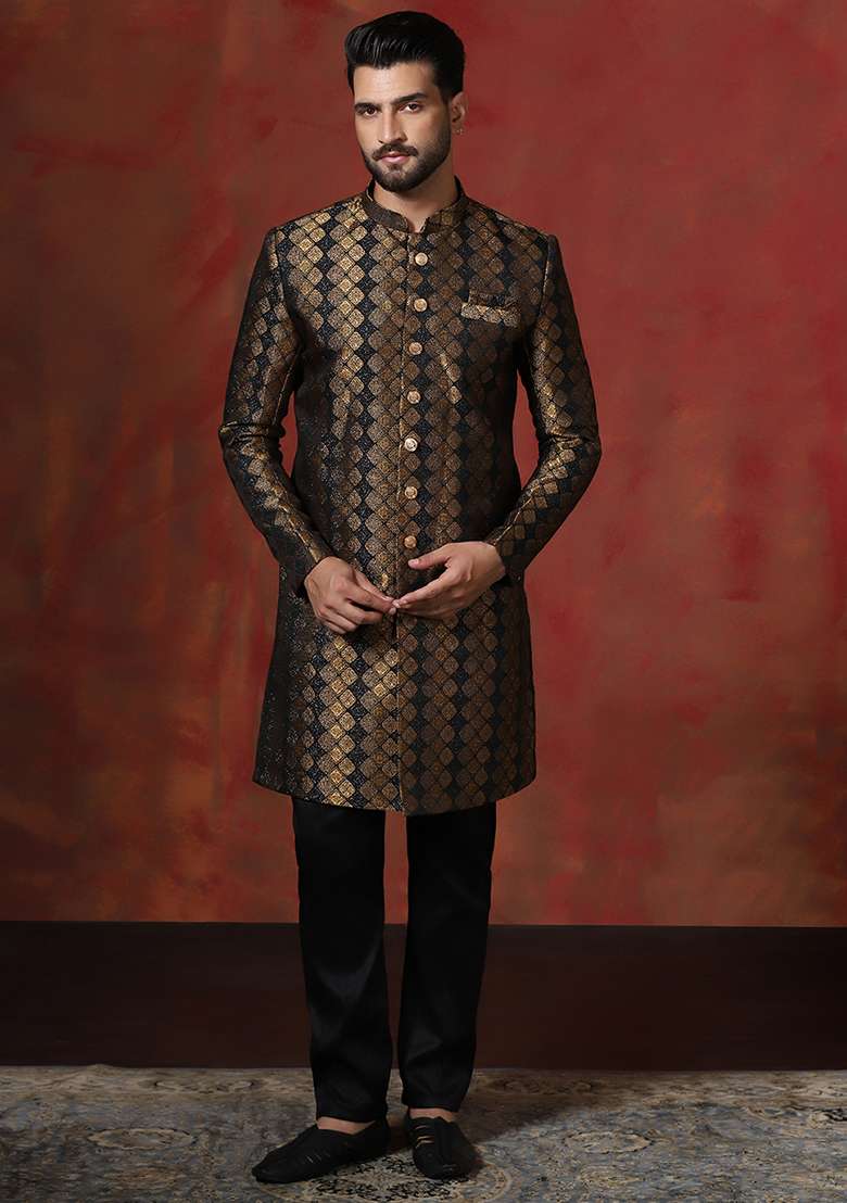 Brown Printed Cotton Blend Sherwani Pyjama Set For Men - Indya