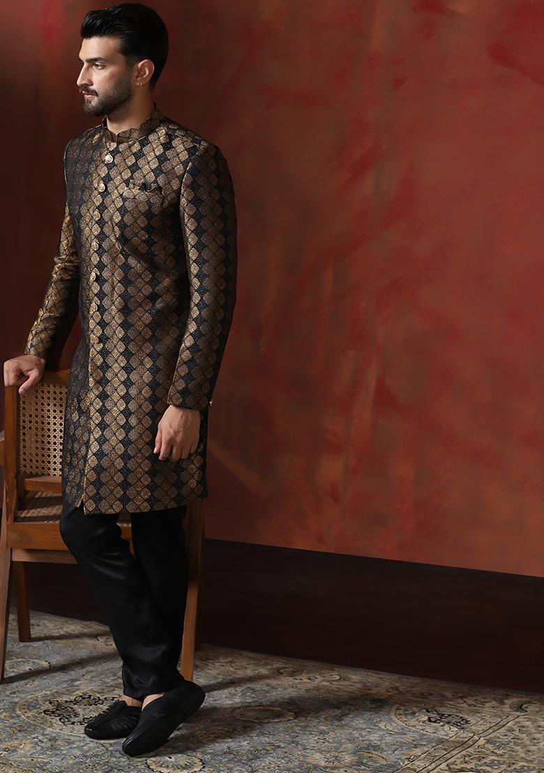 Brown Printed Cotton Blend Sherwani Pyjama Set For Men - Indya