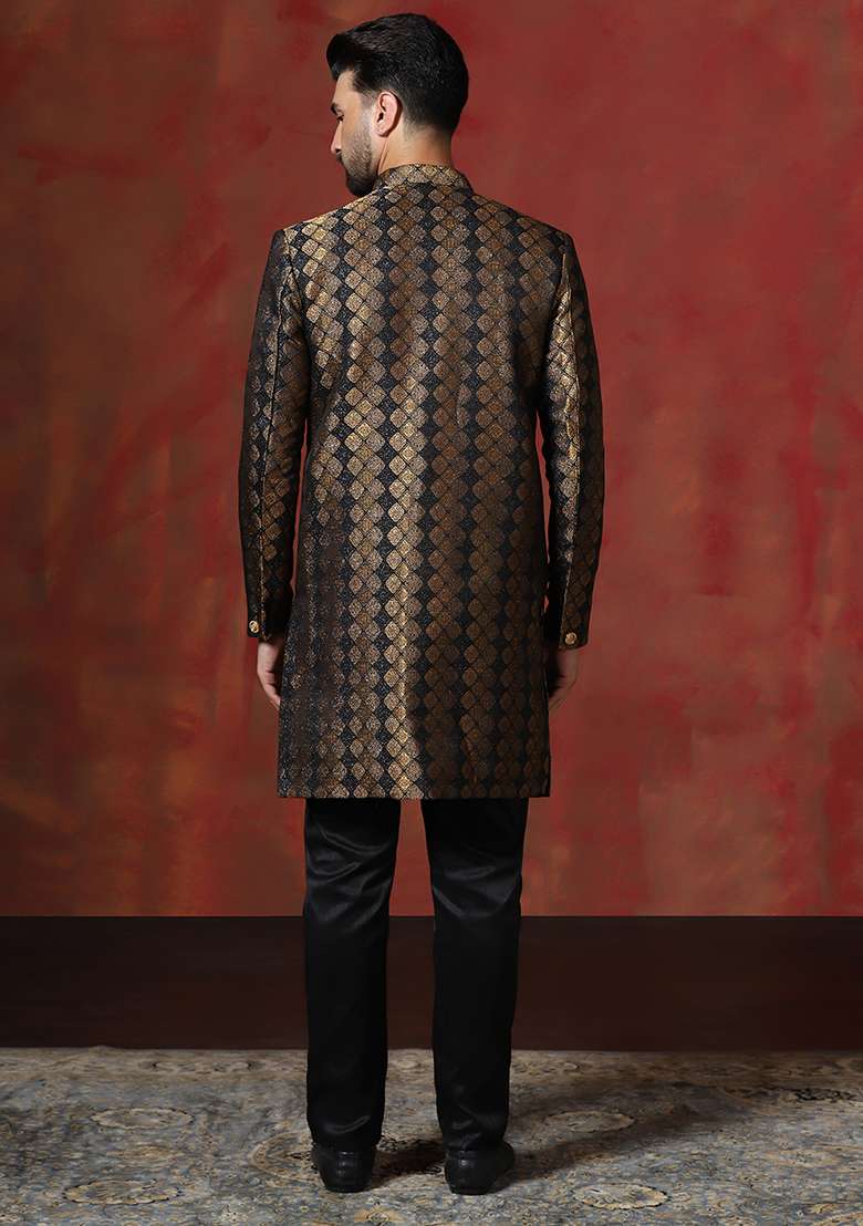 Brown Printed Cotton Blend Sherwani Pyjama Set For Men - Indya