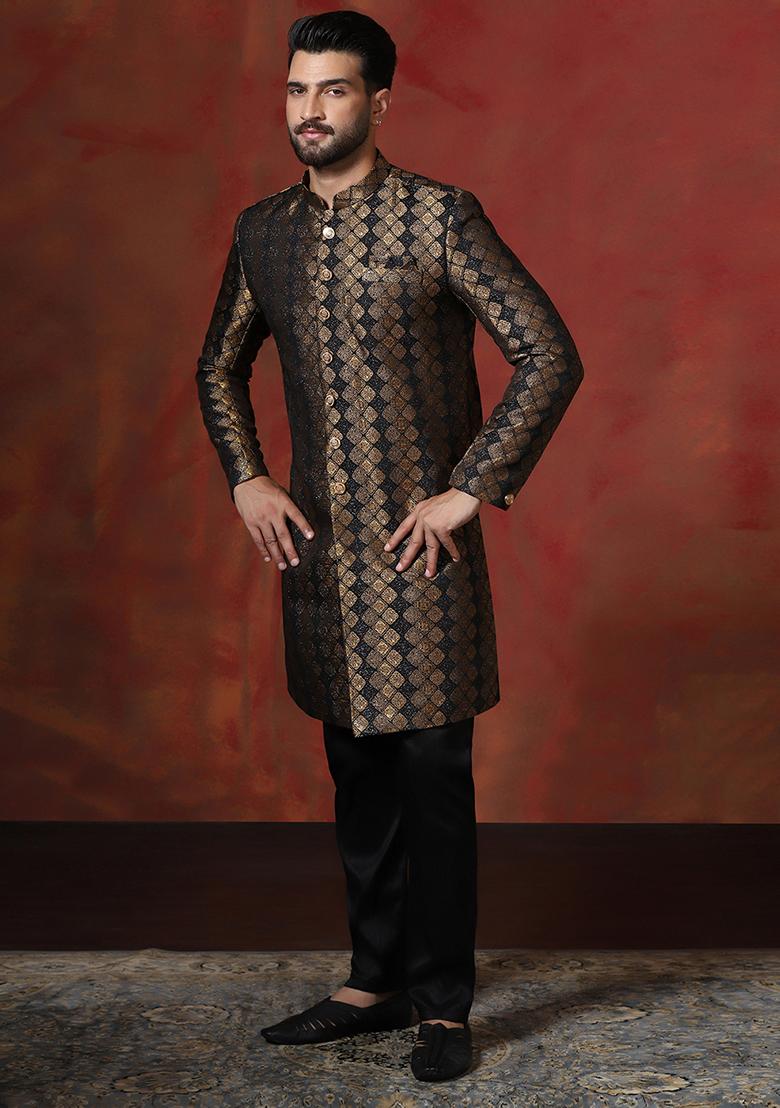 Brown Printed Cotton Blend Sherwani Pyjama Set For Men - Indya