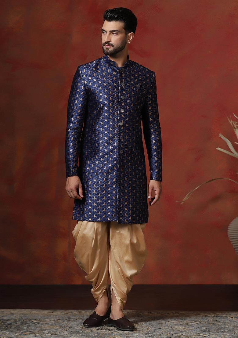Navy Blue Printed Cotton Blend Sherwani Dhoti Set For Men