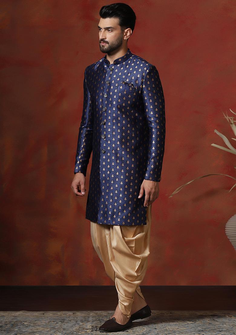 Navy Blue Printed Cotton Blend Sherwani Dhoti Set For Men - Indya