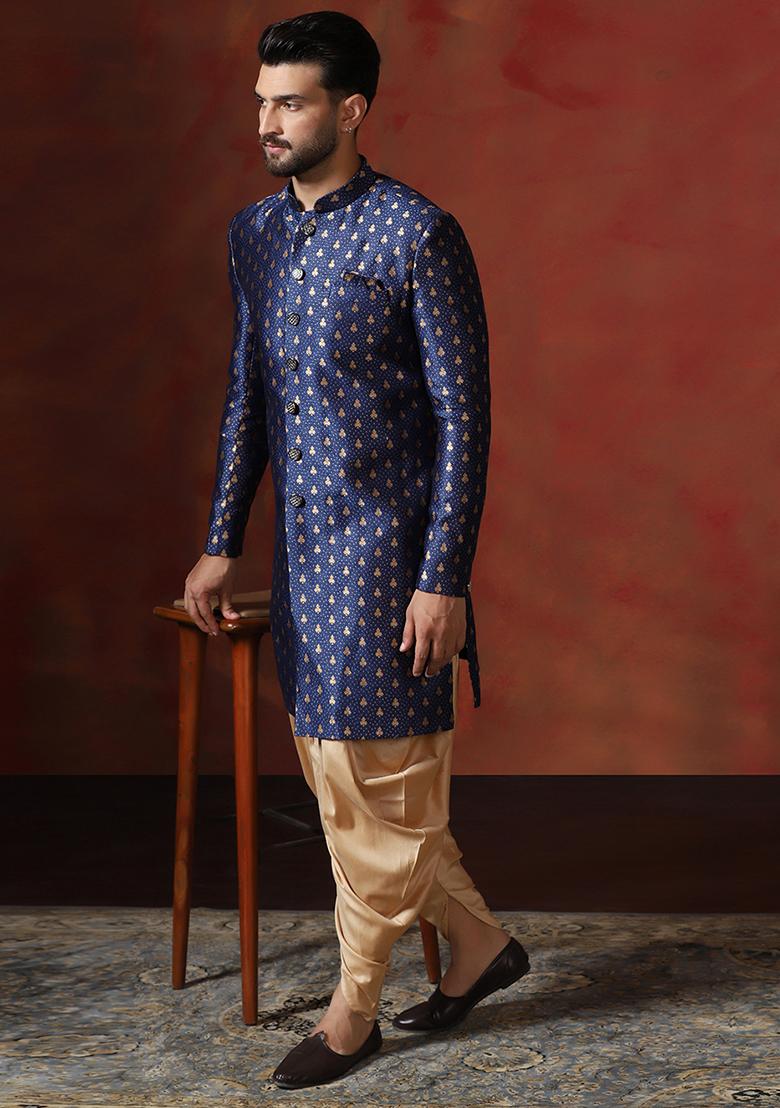 Navy Blue Printed Cotton Blend Sherwani Dhoti Set For Men - Indya
