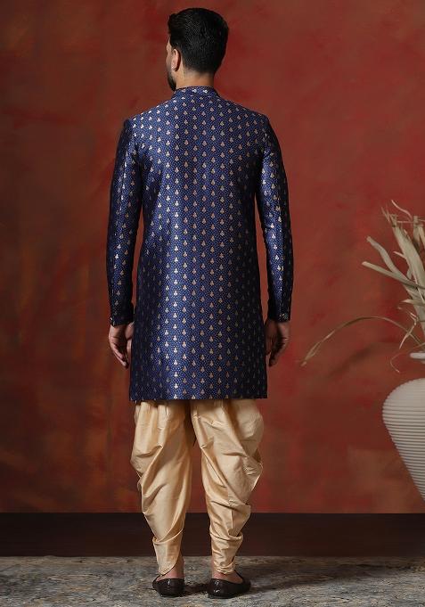 Navy Blue Printed Cotton Blend Sherwani Dhoti Set For Men