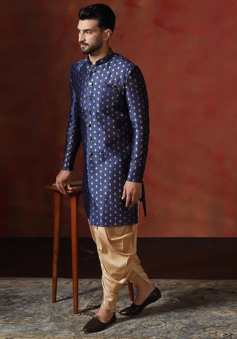 Navy Blue Printed Cotton Blend Sherwani Dhoti Set For Men