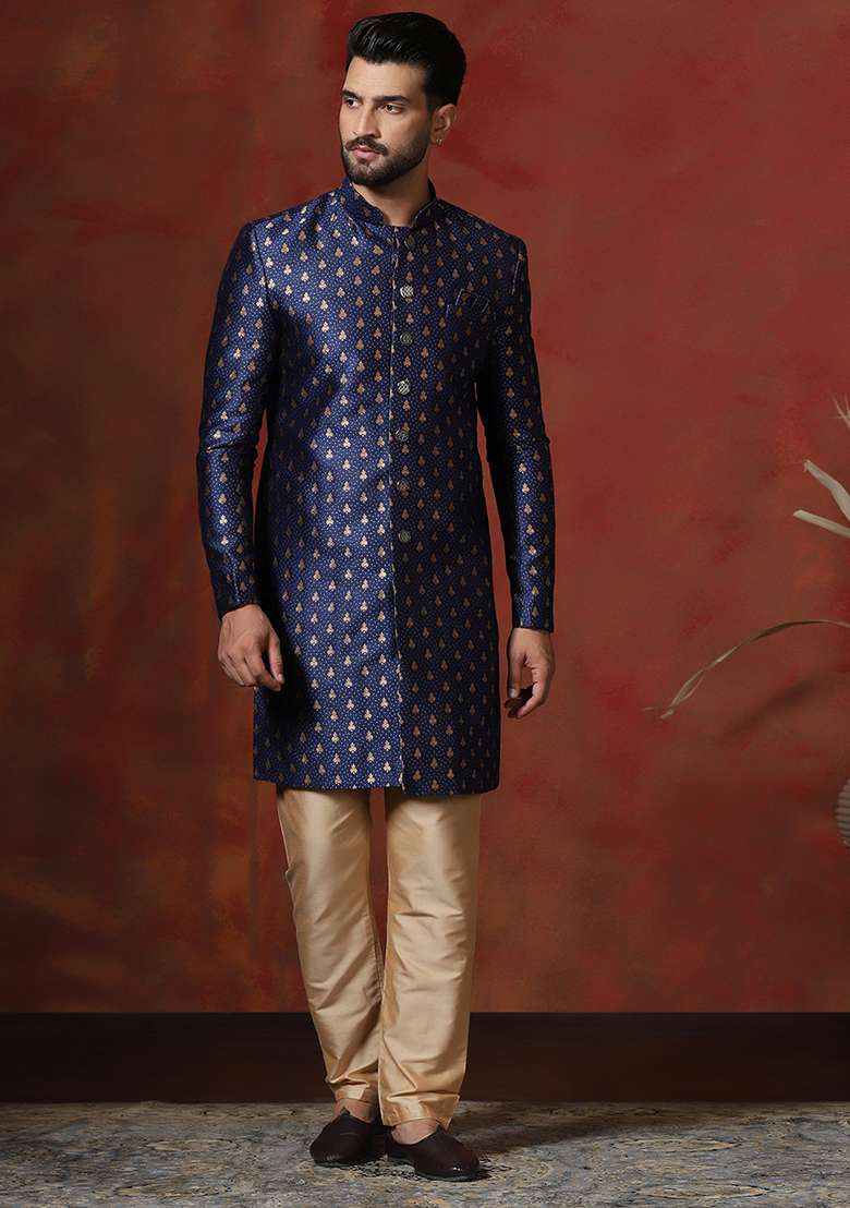 Navy Blue Printed Cotton Blend Sherwani Pyjama Set For Men - Indya