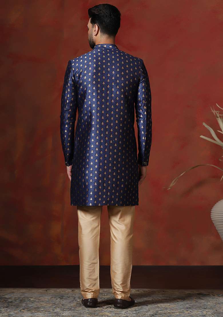 Navy Blue Printed Cotton Blend Sherwani Pyjama Set For Men - Indya