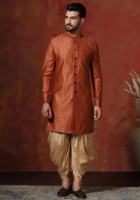 Orange Printed Cotton Blend Sherwani Dhoti Set For Men