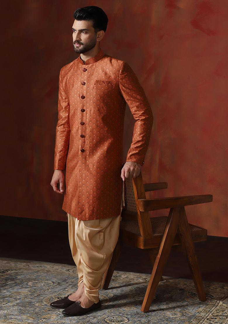 Orange Printed Cotton Blend Sherwani Dhoti Set For Men - Indya