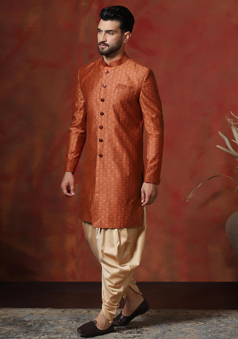 Orange Printed Cotton Blend Sherwani Dhoti Set For Men - Indya
