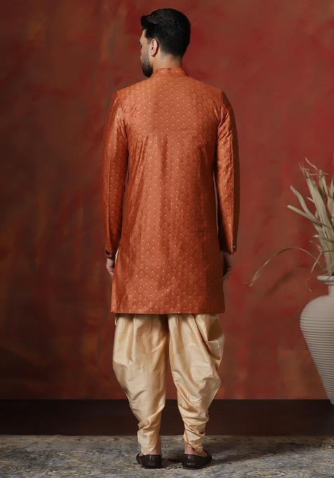 Orange Printed Cotton Blend Sherwani Dhoti Set For Men
