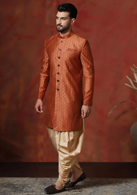 Orange Printed Cotton Blend Sherwani Dhoti Set For Men