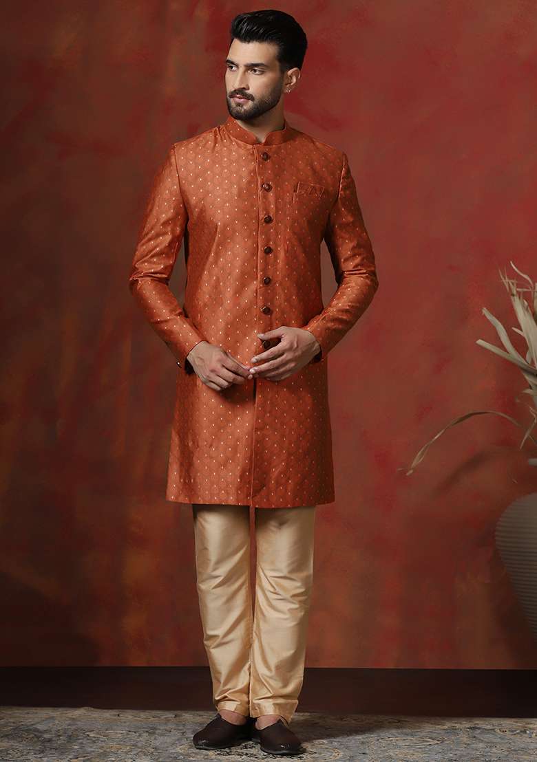 Orange Printed Cotton Blend Sherwani Pyjama Set For Men - Indya