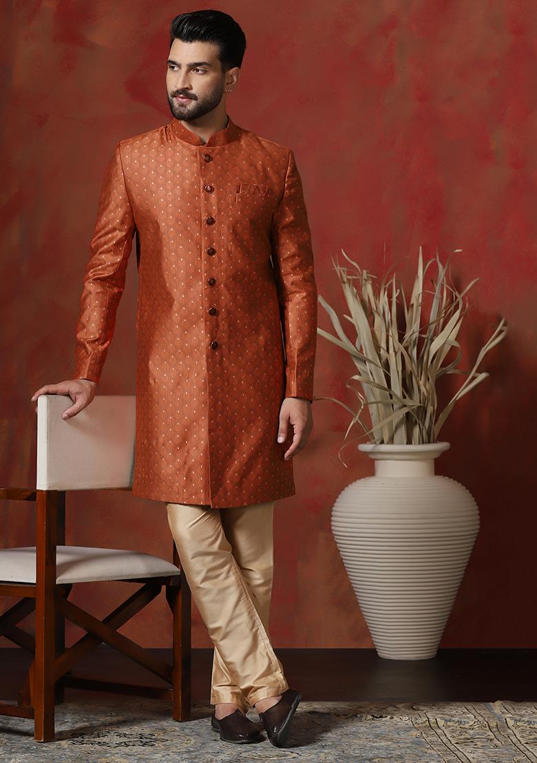 Orange Printed Cotton Blend Sherwani Pyjama Set For Men - Indya