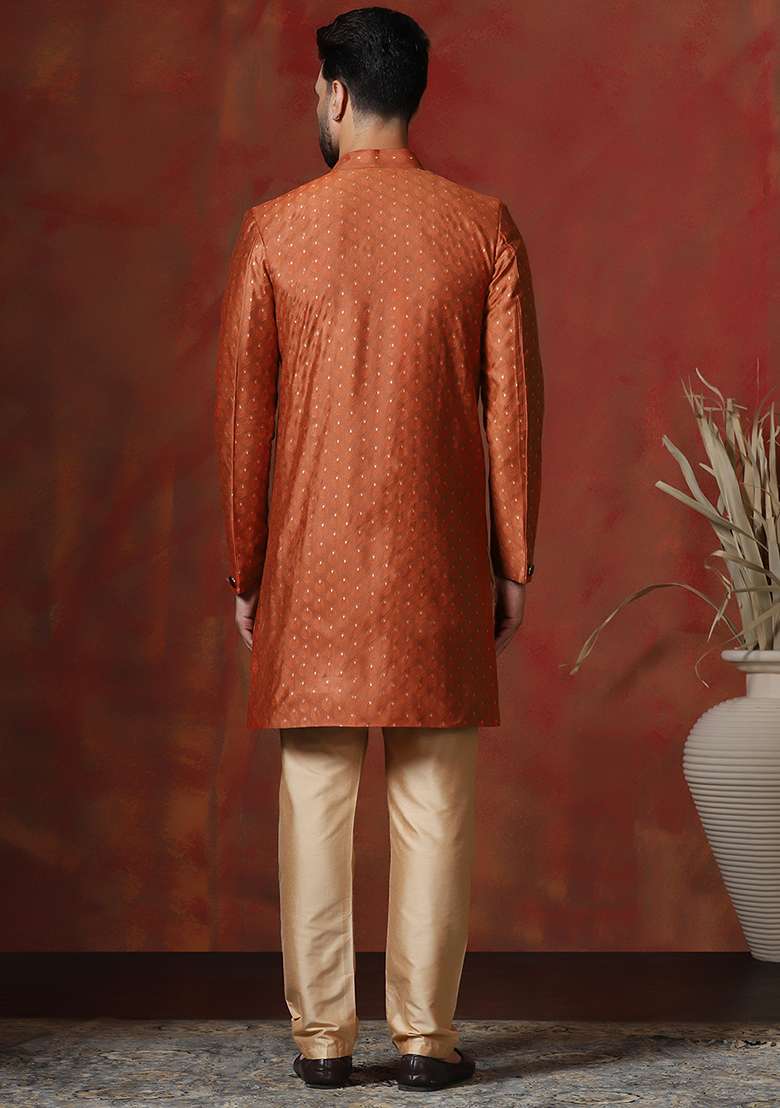 Orange Printed Cotton Blend Sherwani Pyjama Set For Men - Indya