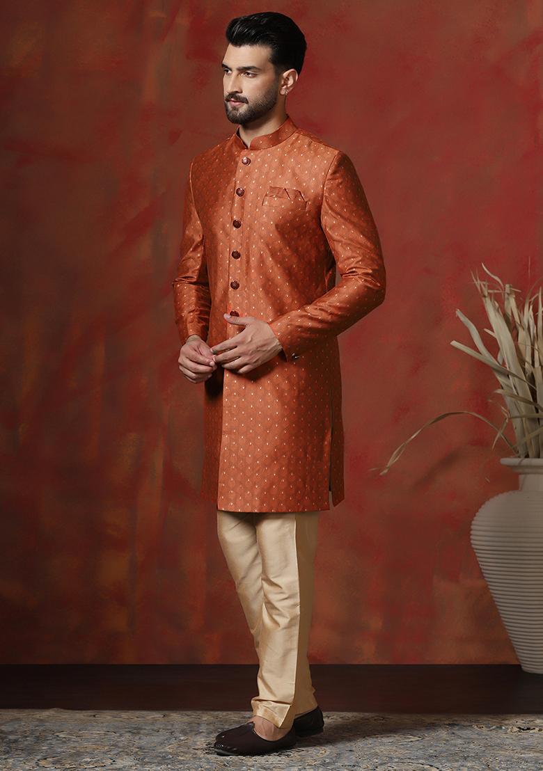 Orange Printed Cotton Blend Sherwani Pyjama Set For Men - Indya