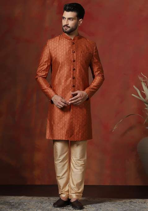 Orange Printed Cotton Blend Sherwani Pyjama Set For Men