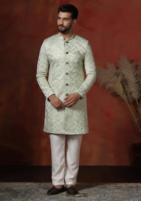 Green Embroidery Cotton Blend Sherwani Pyjama Set For Men