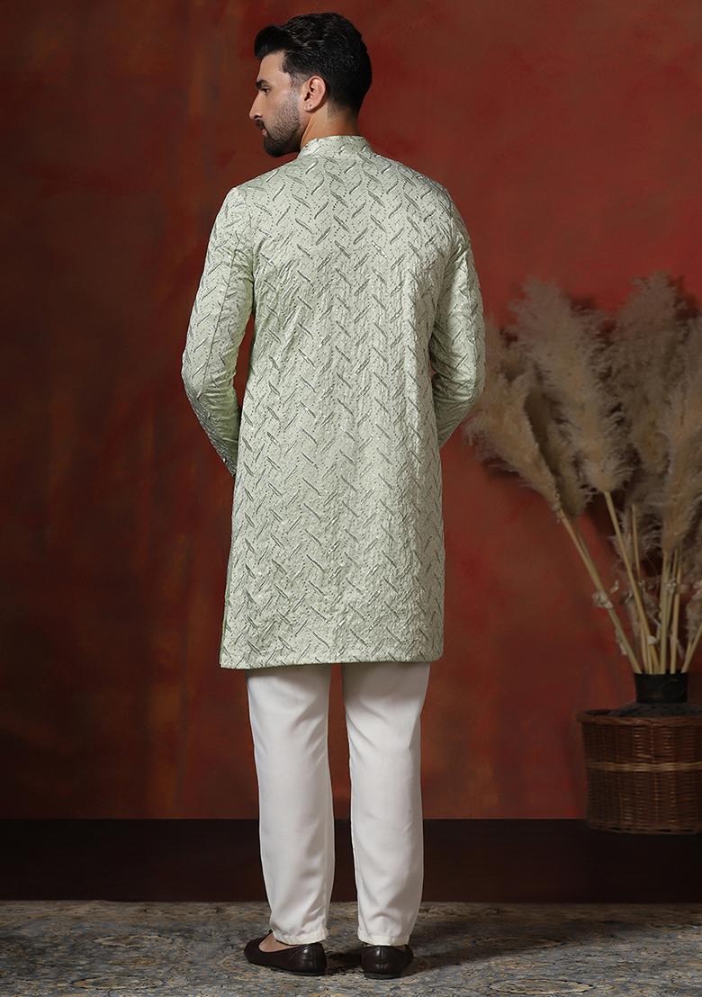 Green Embroidery Cotton Blend Sherwani Pyjama Set For Men