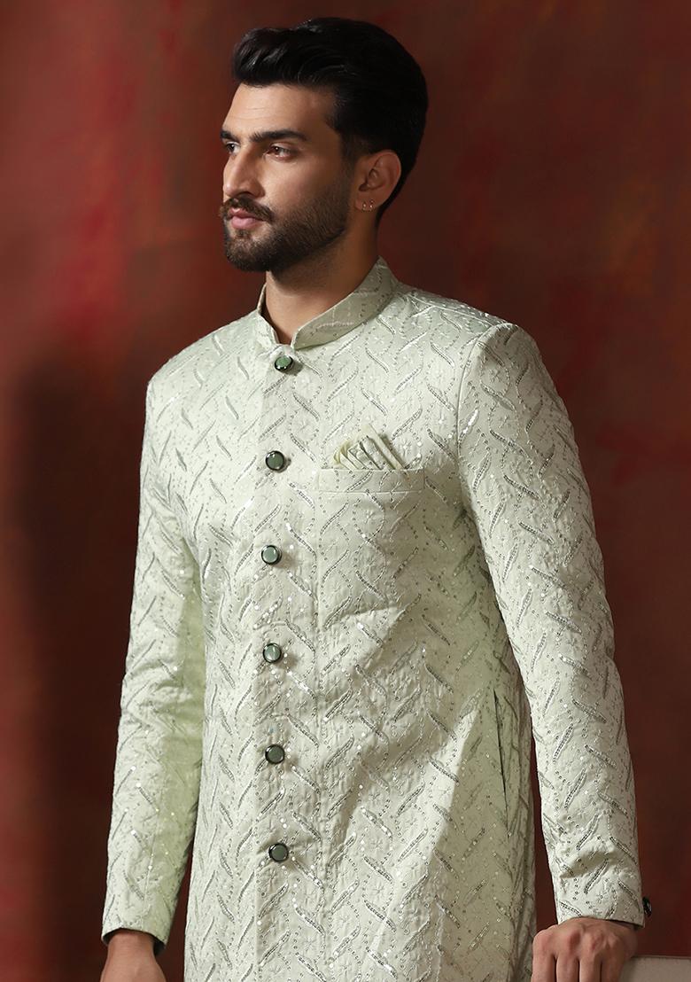 Green Embroidery Cotton Blend Sherwani Pyjama Set For Men - Indya