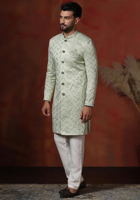 Green Embroidery Cotton Blend Sherwani Pyjama Set For Men
