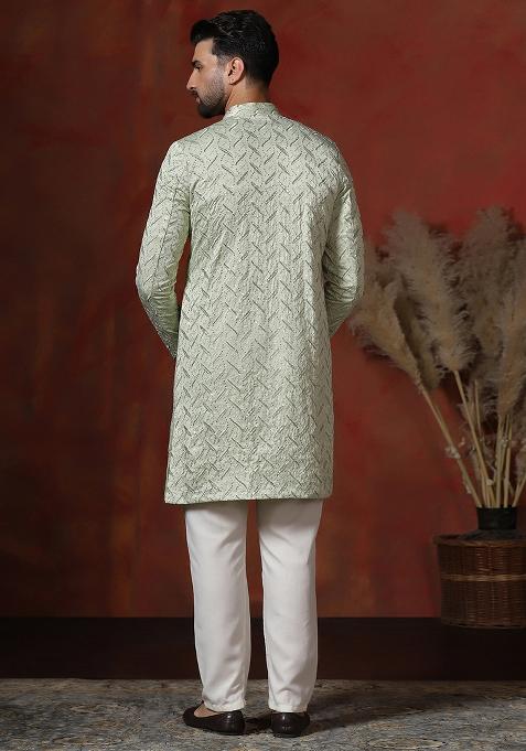 Green Embroidery Cotton Blend Sherwani Pyjama Set For Men