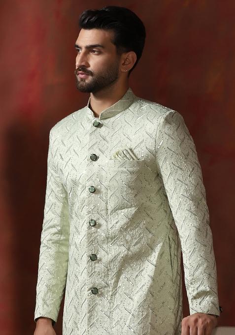 Green Embroidery Cotton Blend Sherwani Pyjama Set For Men